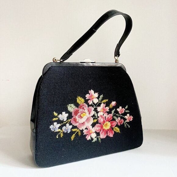 Vintage Black Colourful Floral Large Needlepoint Top Handle Bag - Picture 4 of 8